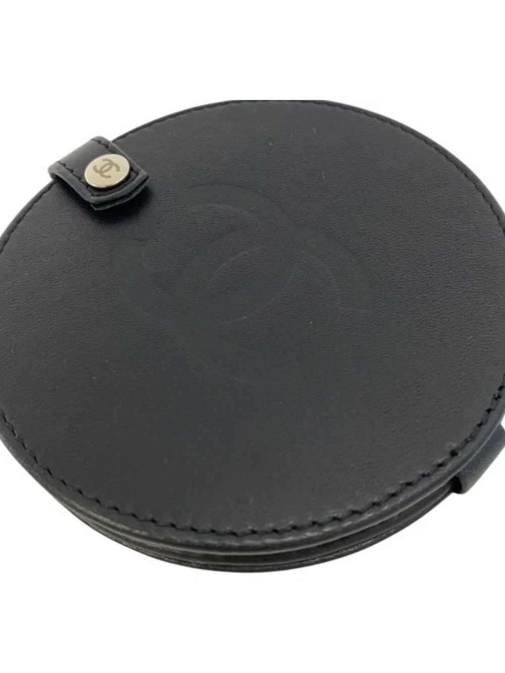 Chanel Black Round Leather Compact Mirror
